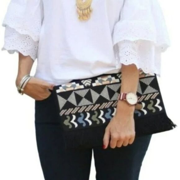 Stella & Dot Taj Clutch, Embroidered Aztec Pattern, Magnetic Snap Closure Purse - Picture 2 of 11